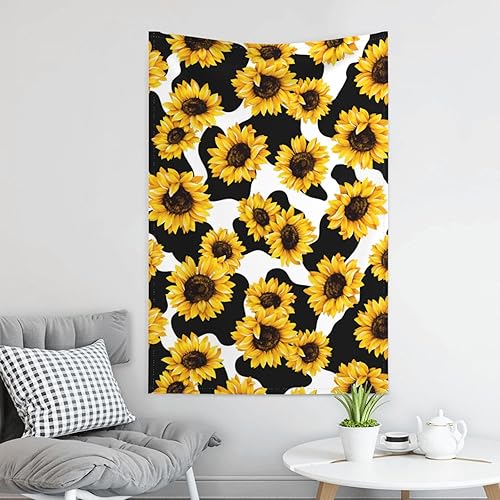 Miniatura 1 de Tapiz de decoración de pared con estampado de girasol y vaca, decoración del hogar, arte para colgar en la pared para sala de estar, dormitorio,