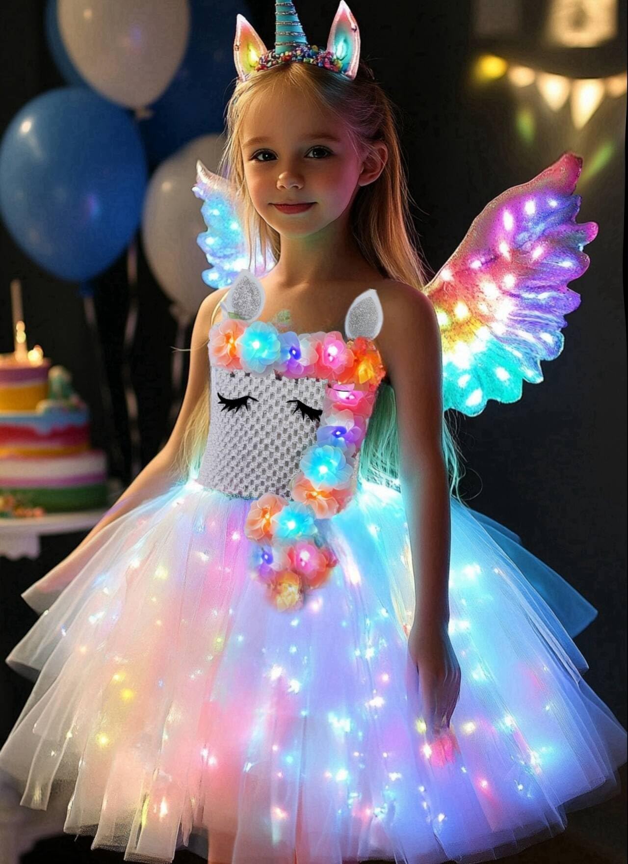 bDDeDD Unicorn Dress for Girls,Unicorn Costumes LED Lighted TuTu Dress With Headband for Birthday Party (Pink+Flower, 3~4Y)
