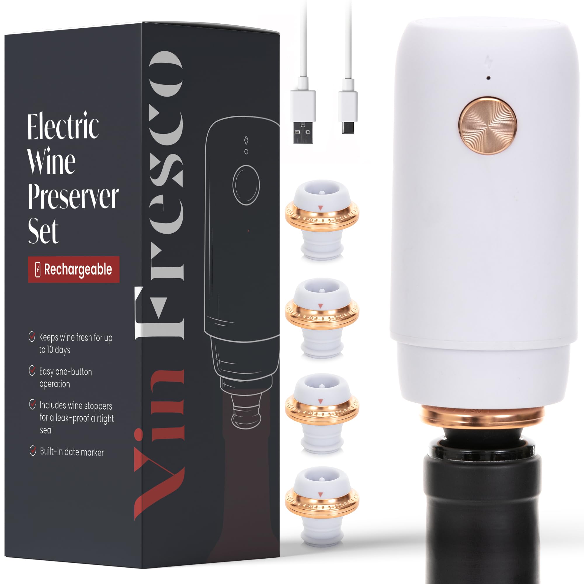 Electric Wine Preserver - Rechargeable Vacuum Saver With Airtight Seal - Automatic Air Remover Pump for 10 Days of Flavor & Freshness - Preservation