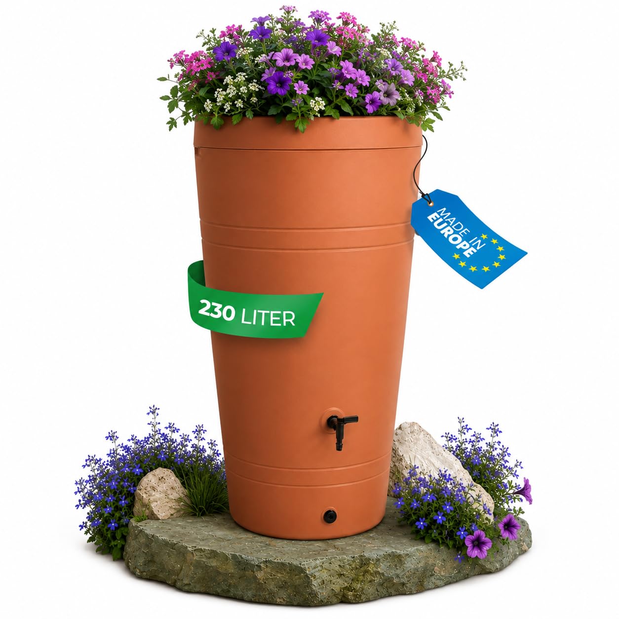Yourcasa Serbatoio Acqua 230 litri [design Decore] in plastica resistente al gelo – Cisterna acqua con rubinetto e coperchio – Serbatoio acqua piovana giardino - raccolta acqua piovana (terracotta)