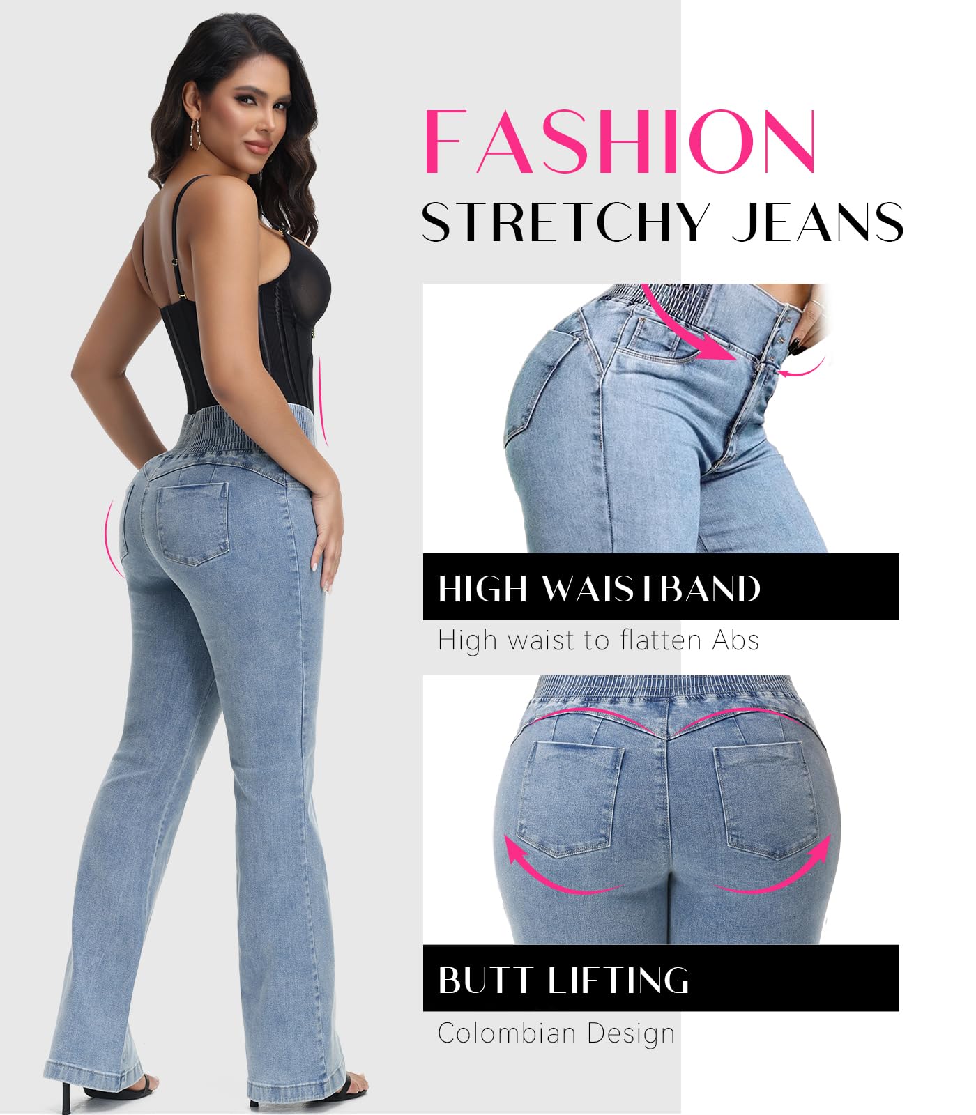 SHAPSHE Jeans da donna a vita alta Butt Lift Stretch Jeans 3 bottoni push up skinny colombiano controllo pancia pantaloni in denim