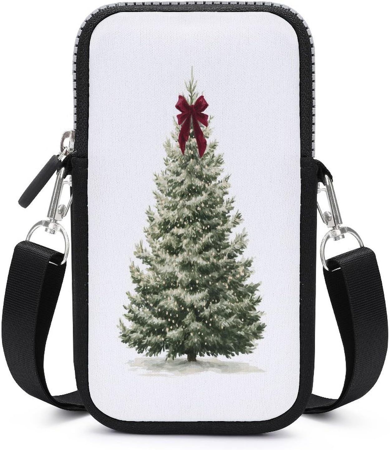 Vintage Christmas Tree Deep Red Velvet Bow Crossbody Mobile Phone Bag Smartphone Bag With Adjustable Strap