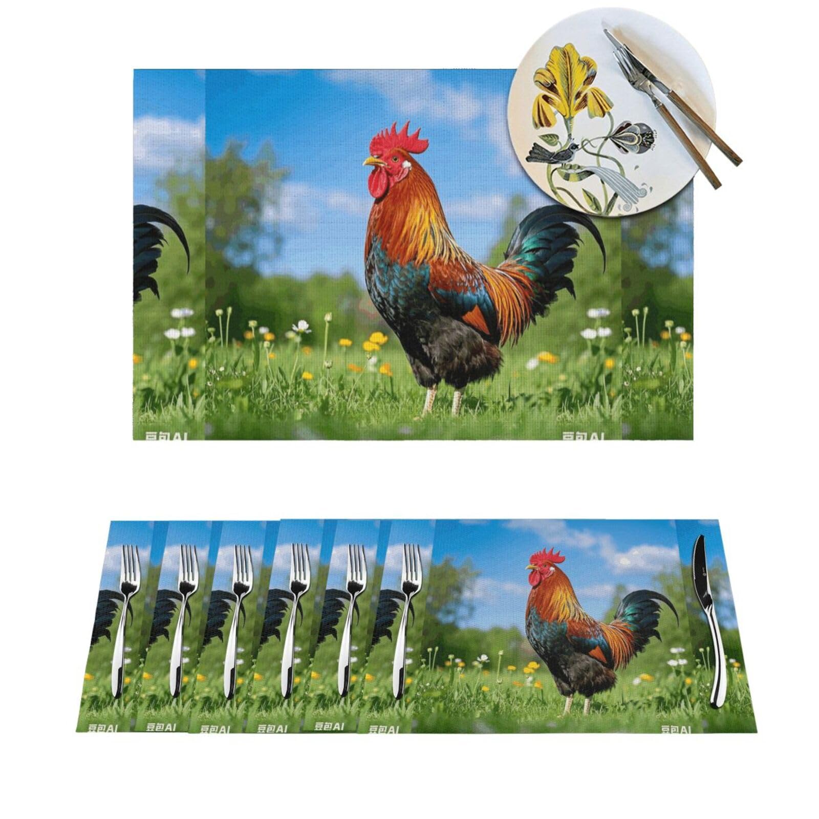 Woven Placemats Rooster Durable Table Mats Indoor Place mats Washable Non-Slip Heatproof Woven Placemats for Dining PVC Place Mat for Dinners Wedding Parties