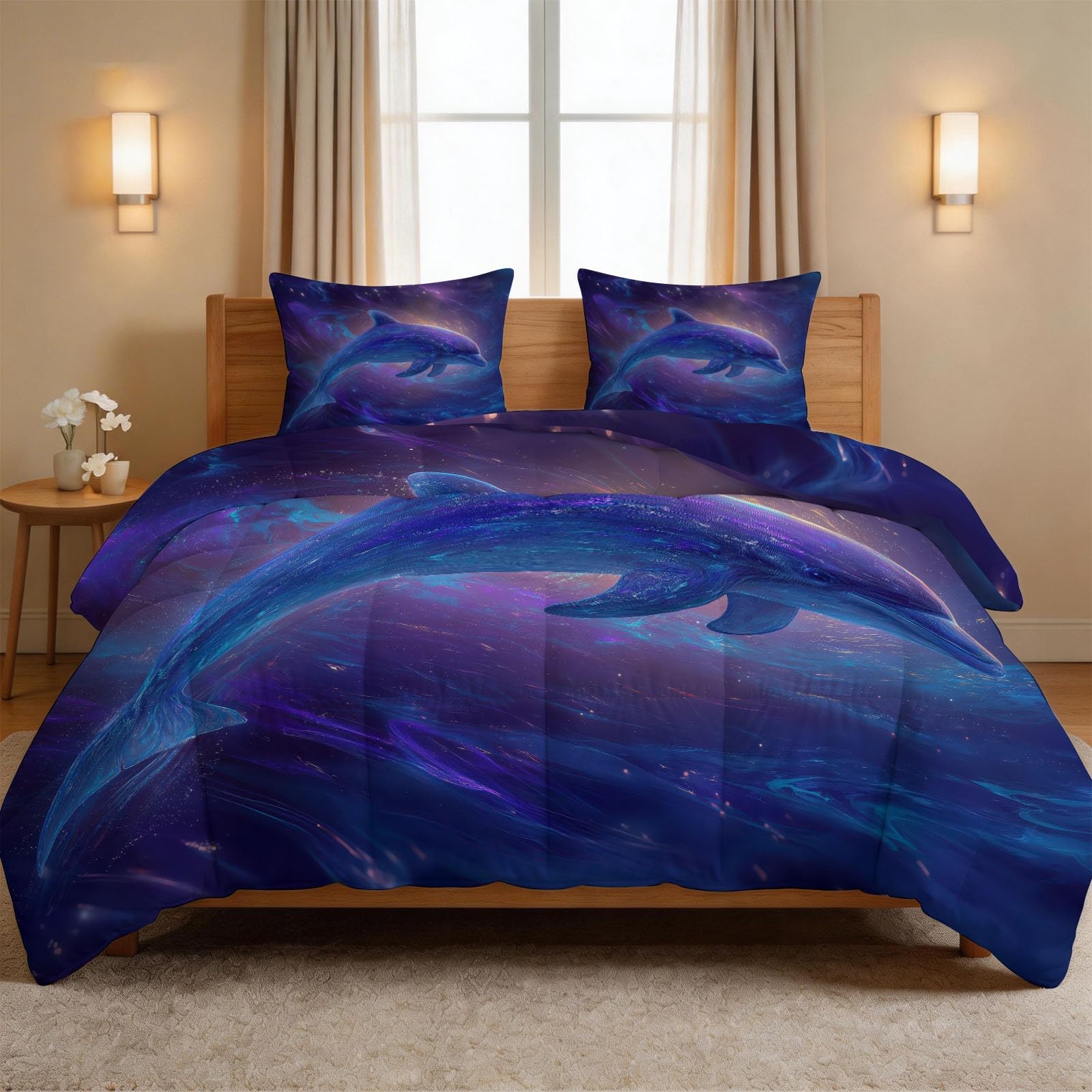 Générique Viola 200 x 200 cm Piumino 4 stagioni Animale Fantasia Delfino Cielo Stellato Trapunta Estate per Letto 2 Persone, Rami Grigii Edredon Legere, Reversibile Lavabile Piumone Senza Houss