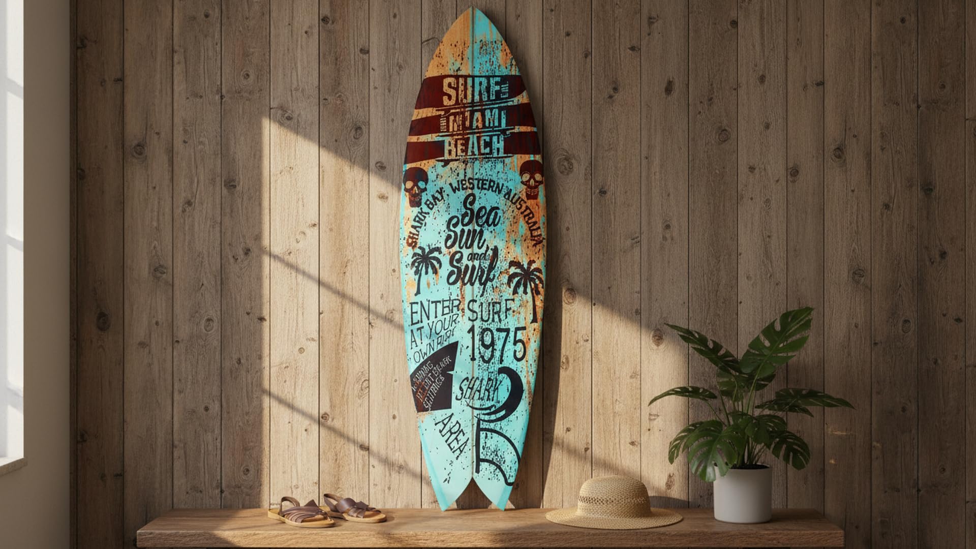 surf deco Sea Sun and Surf, tabla impresa alu-dibond, decoración de pared 100 x 30 cm