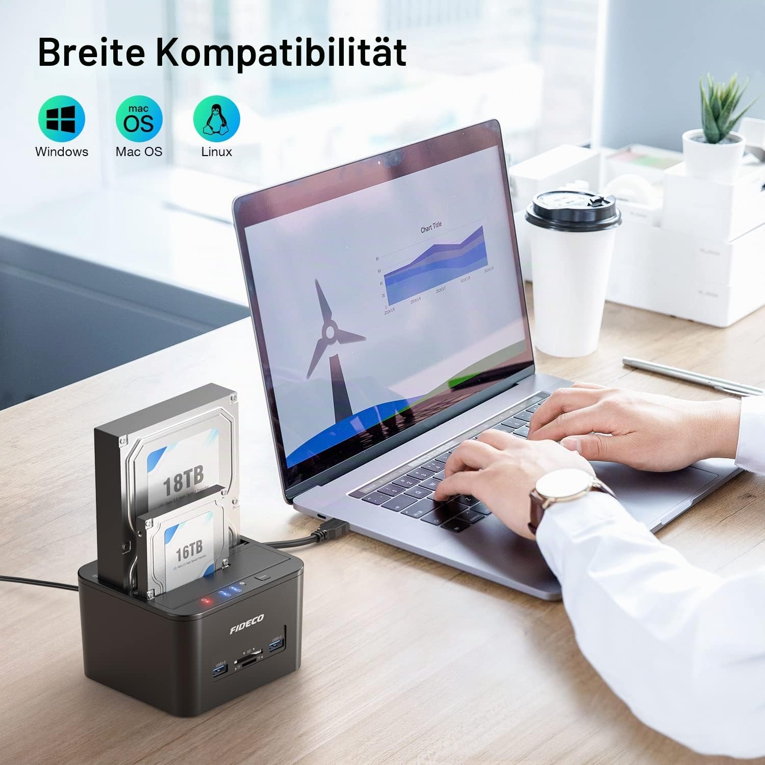 FIDECO Docking Station für 2 SATA-Festplatten, USB 3.0, Klonfunktion, 2,5-Zoll- und 3,5-Zoll-Festplatte, SSD, SATA-Festplatte