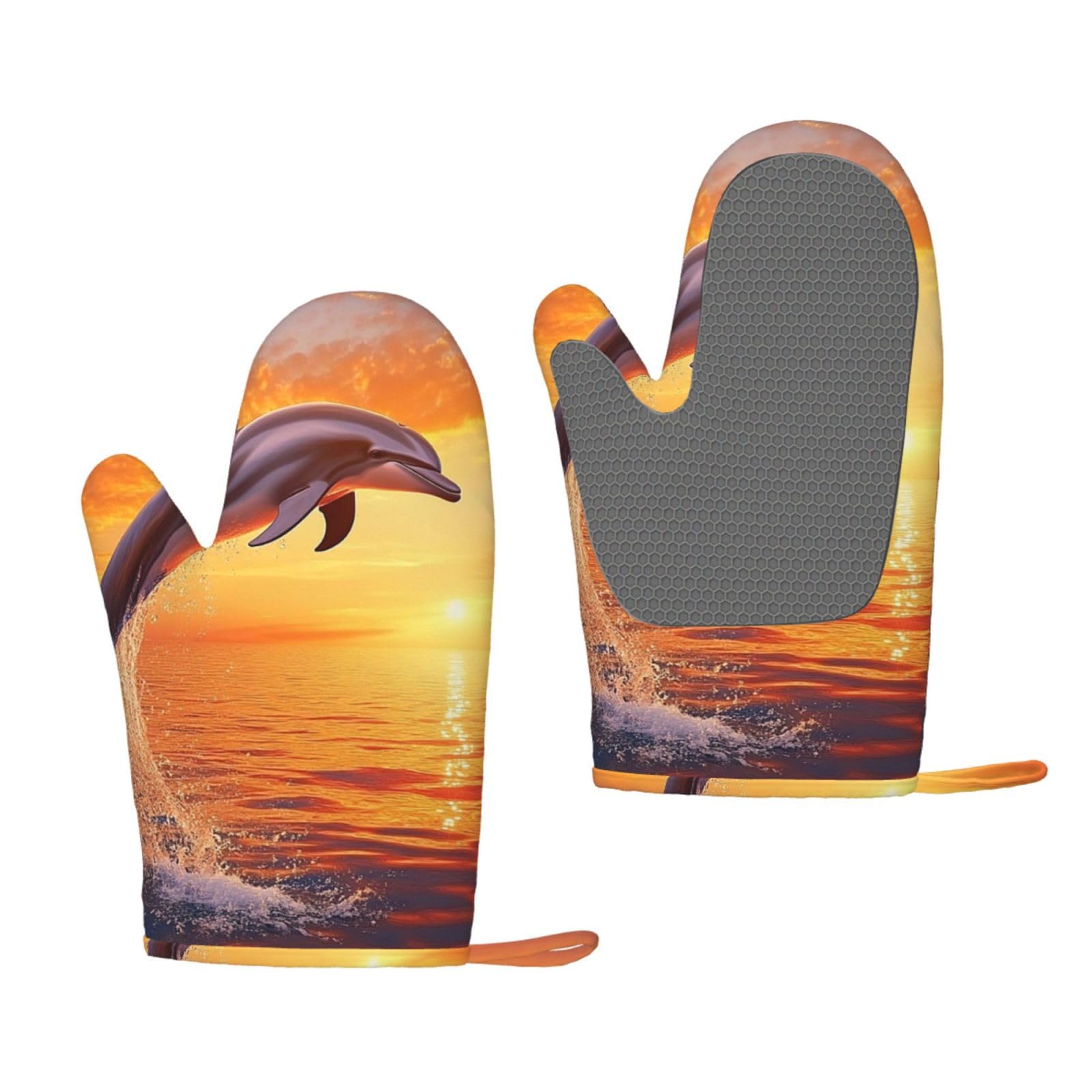Oven Mitts Sets of 2 Heat Resistant Kitchen Gloves Sunset Dolphin Oven Mitts BBQ Oven Gloves Non-Slip Silicone Oven Mitts Waterproof Cooking Safety Gloves for Kitchen Baking Cooking