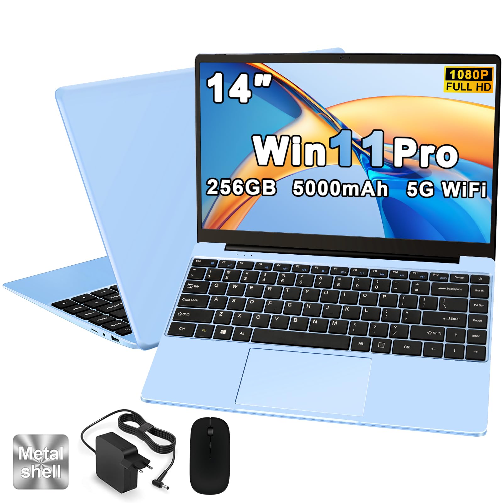 PC Portatile Win11 Computer Portatile Notebook 14 Pollici 256GB SSD Expansion 1TB 5000mAh, Laptop con 5G WiFi CPU N4020 (fino a 2.8 GHz) BT4.2 Mouse Wireless & Membrana per tastiera italiana -Blu