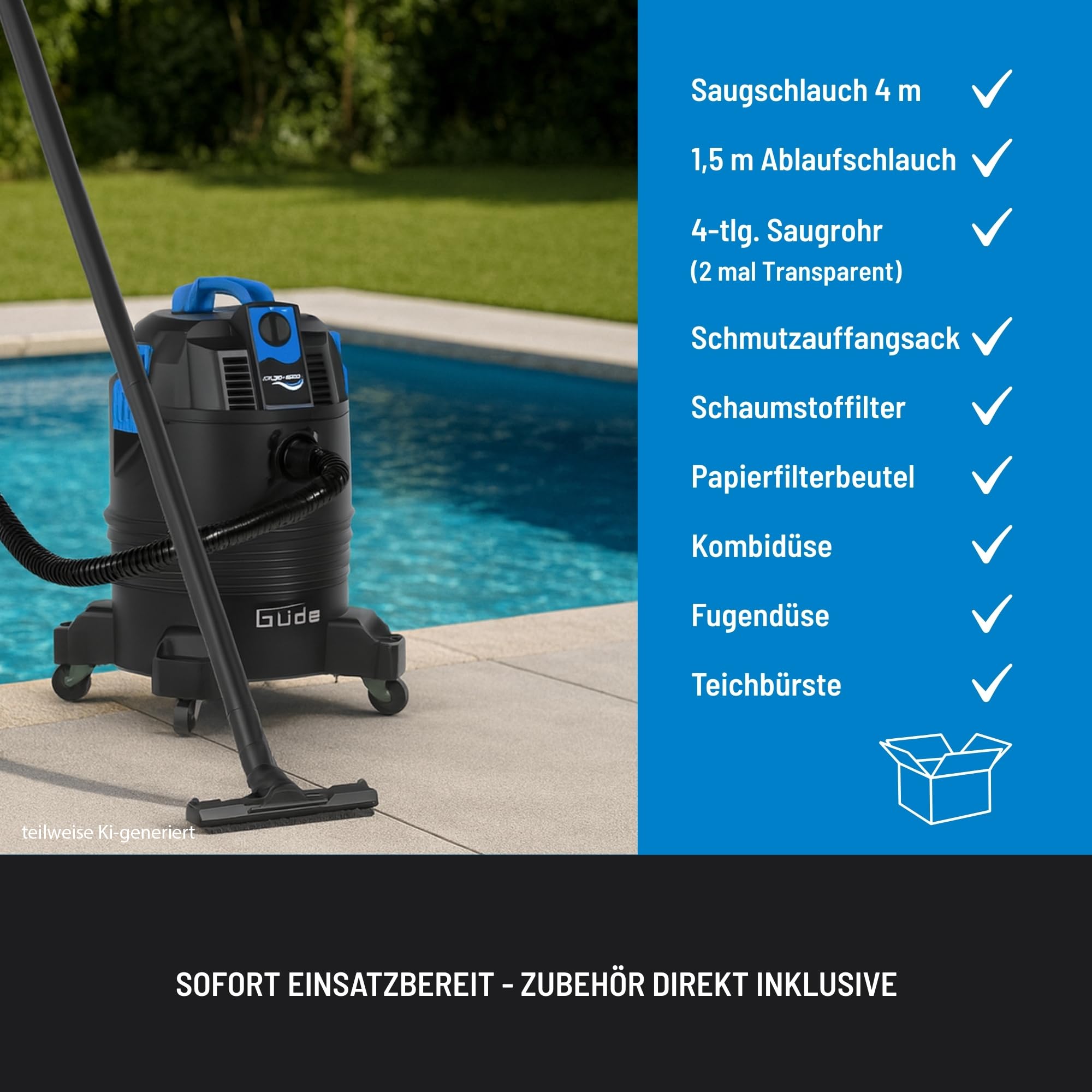 Güde GS 30-1600 3 in 1 Schlammsauger – 230 Volt, 1600 Watt, 180 Millibar Unterdruck, 30 Liter Behälter, 4 Meter Saugschlauch, Saugrohr, Kombidüse, Fugendüse, Teichbürste, für Teich- und Poolreinigung