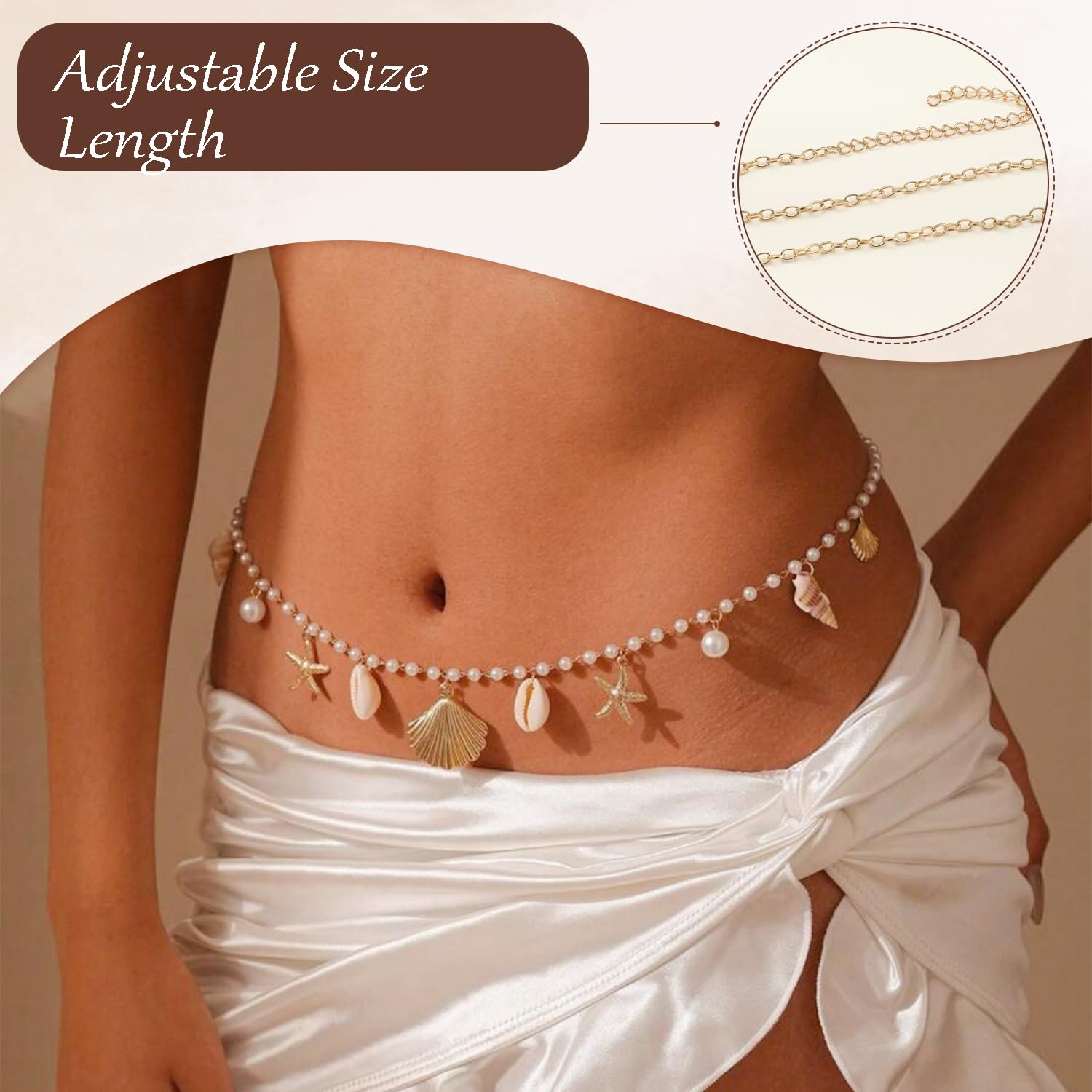 TecoKart® Waist Chain for Women with Shell & Starfish Charms – Sexy Belly Chain for Saree, Bikini, Crop Tops, Beachwear & Festival Outfits – Adjustable Body Chain in Gold 4