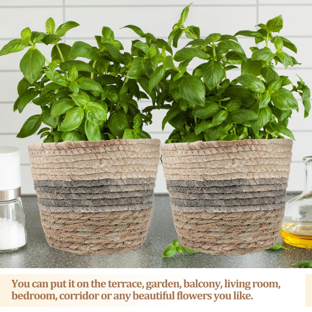 Healeved 2 x Blumenkorb, 25,4 cm, Rattan-Aufbewahrungskorb, große Blumenarrangement-Behälter, Stroh, Blumentopf, Sukkulenten, Pflanzkörbe für den Schreibtisch, rund, Braut-Topf, Abdeckung, Gras