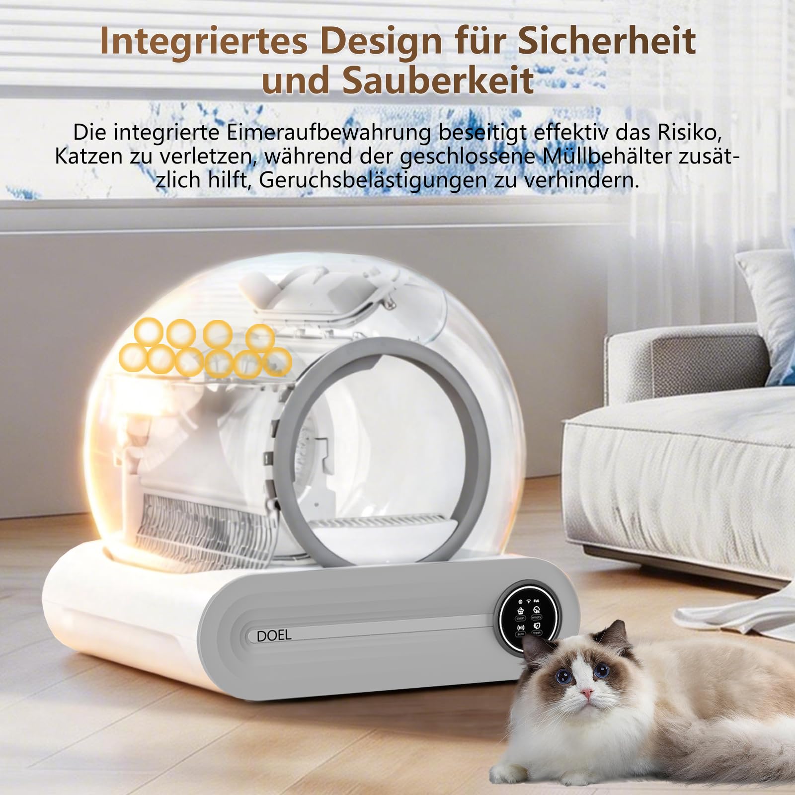 DOEL Lettiera automatica migliorata, eliminazione degli odori ionici | Controllo app, registrazioni della lettiera per gatti, grande spazio da 65 l, funzione anti-blocco, basso rumore