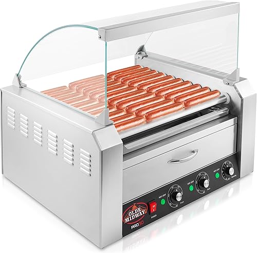 Olde Midway Máquina eléctrica de 30 Hot Dog 11 Roller Grill Cooker Machine con cajón de calentamiento de bollos y tapa, grado comercial, acero