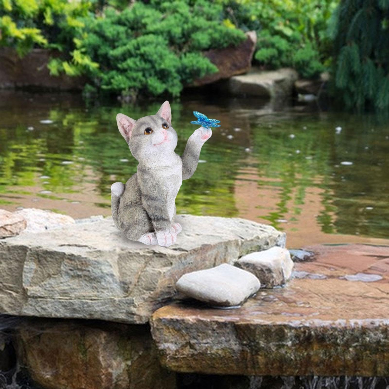 Estatua de Gato de Resina con Luz Solar, Llamativa Escultura Decorativa para Jardín, Figura para Exteriores para La Decoración de Jardín, Patio O Terr, Gris