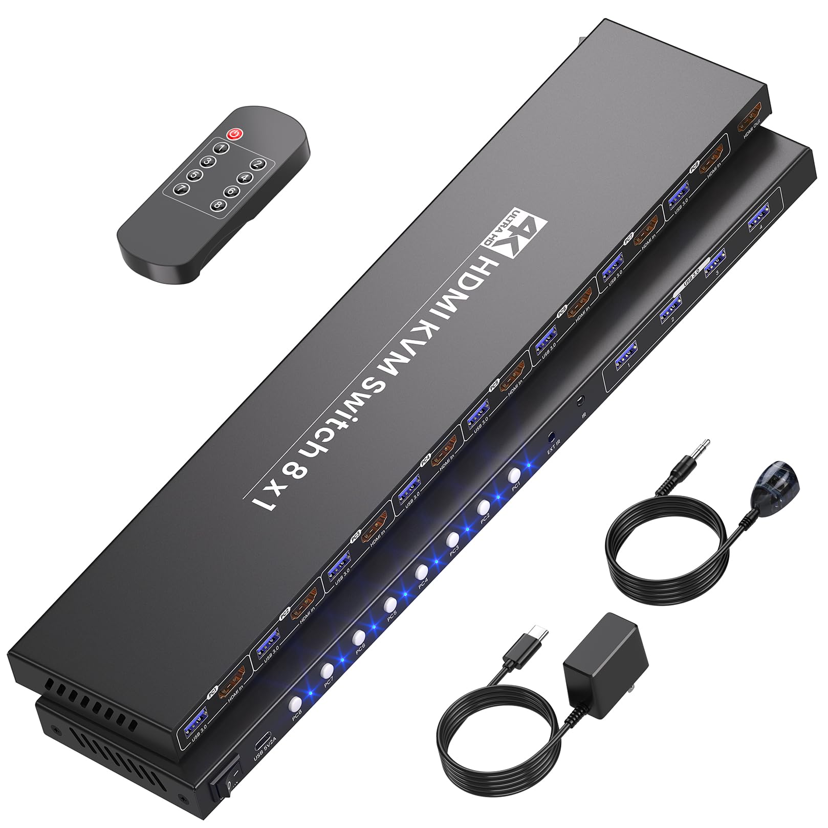 Conmutador KVM de 8 puertos, USB 3.0 4K60Hz HDMI KVM Switch 1 monitor 8 computadoras para 8 computadoras Comparte 1 juego de monitor de teclado y mouse y 4 puertos USB 3.0