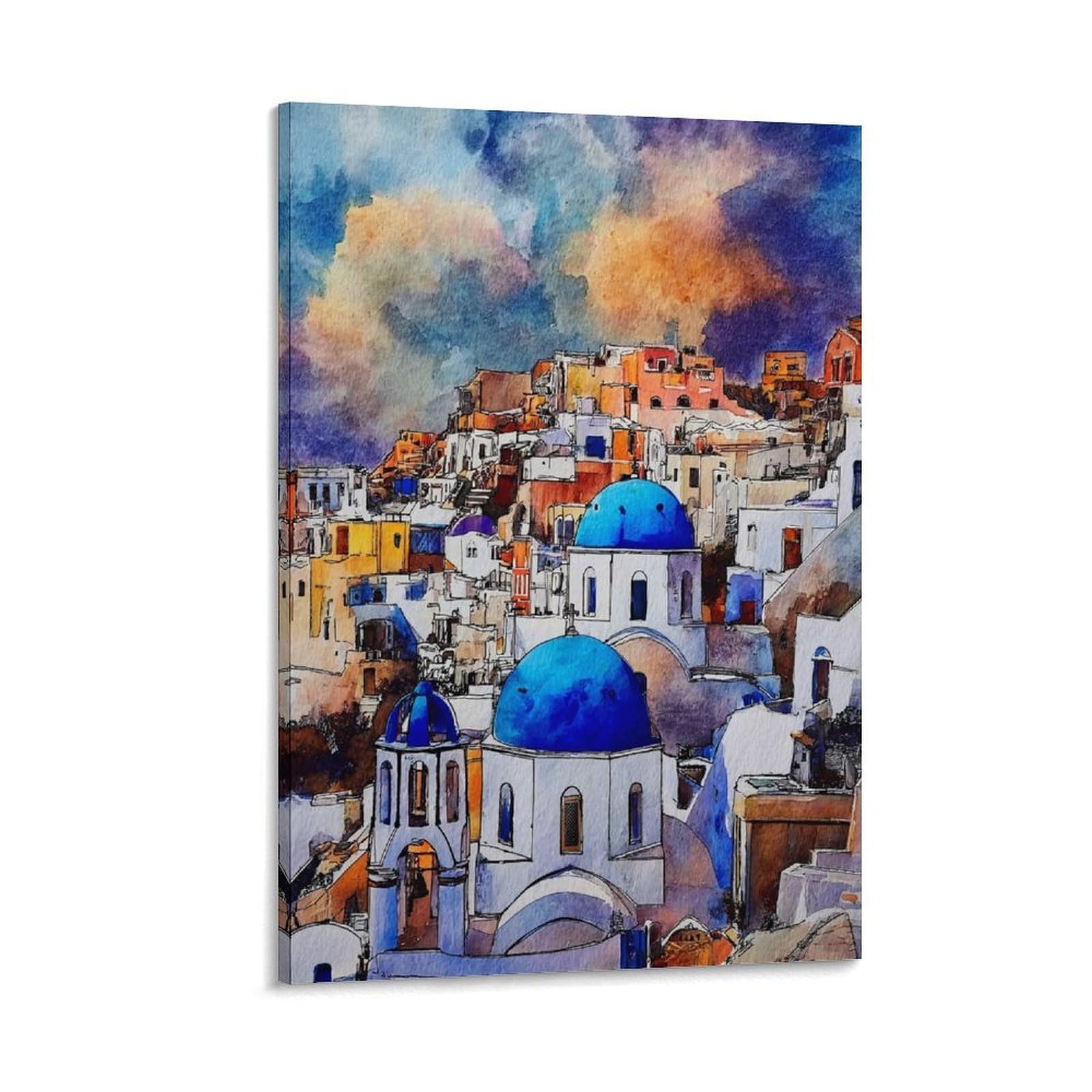 Lcynnh Frame-Style Santorini Greece 20X30inch(50X75cm) Vintage Travel Poster Watercolor Canvas Art