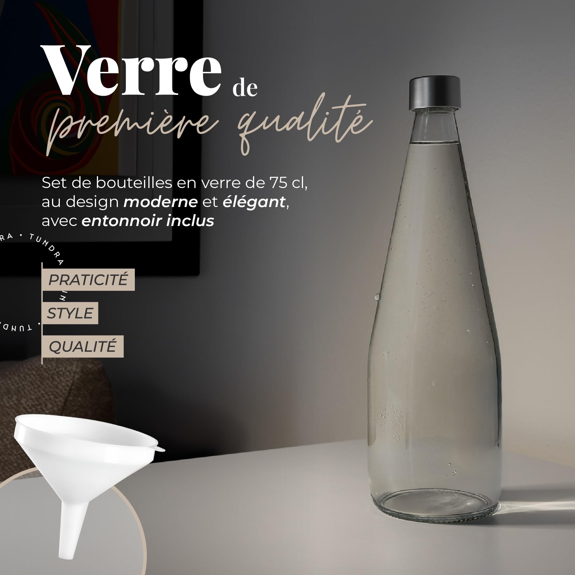 TUNDRA - Lot de 6 Bouteille Verre 75cl avec 6 Bouchons à Vis et 1 Entonnoir | Ligne CONIC | Bouteilles en Verre MADE IN ITALY, Résistantes et Lavables au Lave-Vaisselle - Pour l'Eau, la Limonade