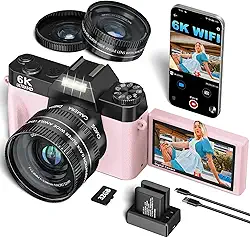 VJIANGER Câmera Vlogging 4K para Youtube Câmera Digital de 48 Mp para Fotografia e Vídeo com Tela Flip, Foco Manual, Zoom Digital 16X, Grande Angular de 52 Mm e Lente Macro, Cartão Tf de 32 Gb, 2 Bate