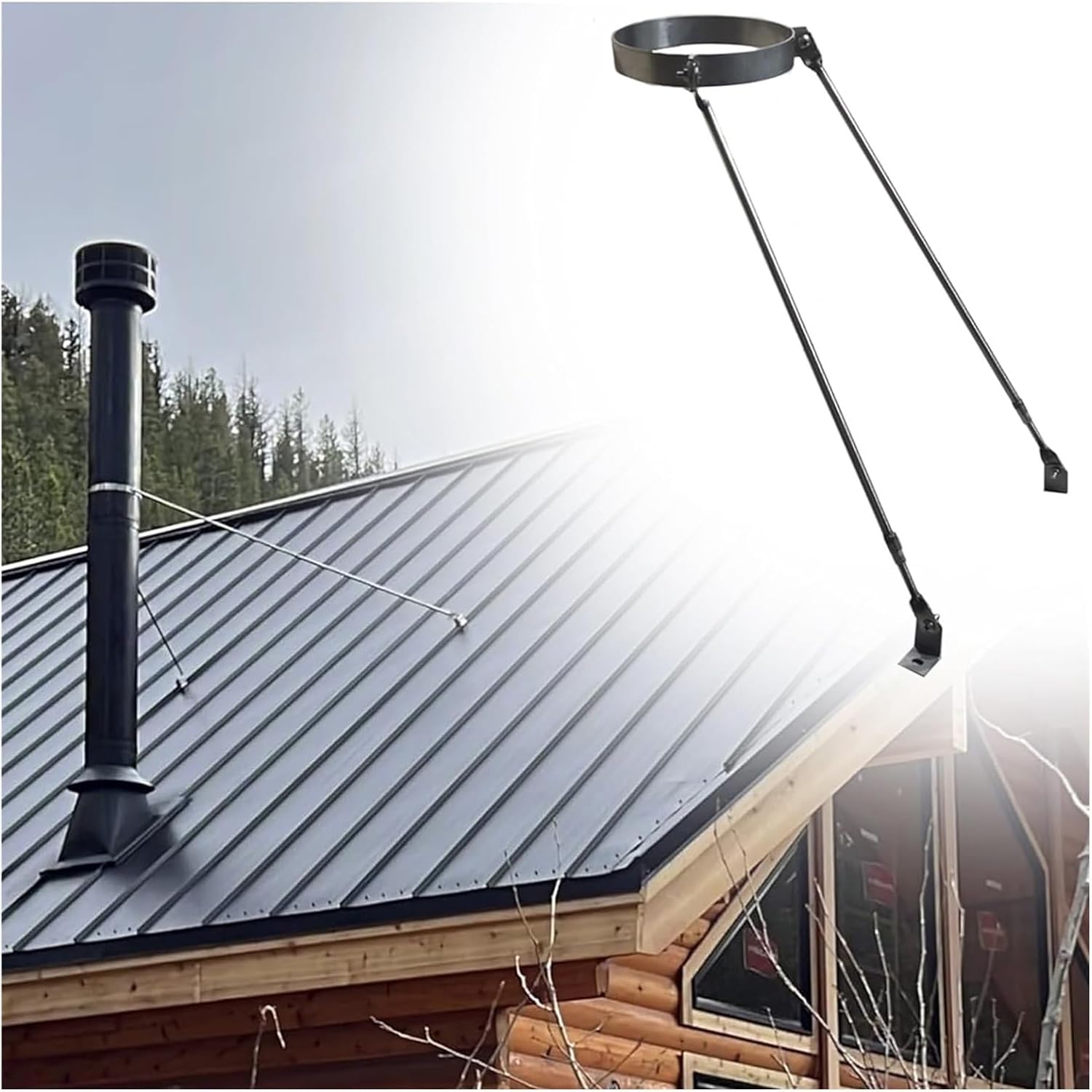 Heavy-Duty Roof Chimney Pipe Brace Holder Kit - Windproof & Snow-Stable Stove Pipe Support Bracket for Maximum Chimney Safety, Wall/Roof Mount, Fits 190mm (7 1/2") Diam
