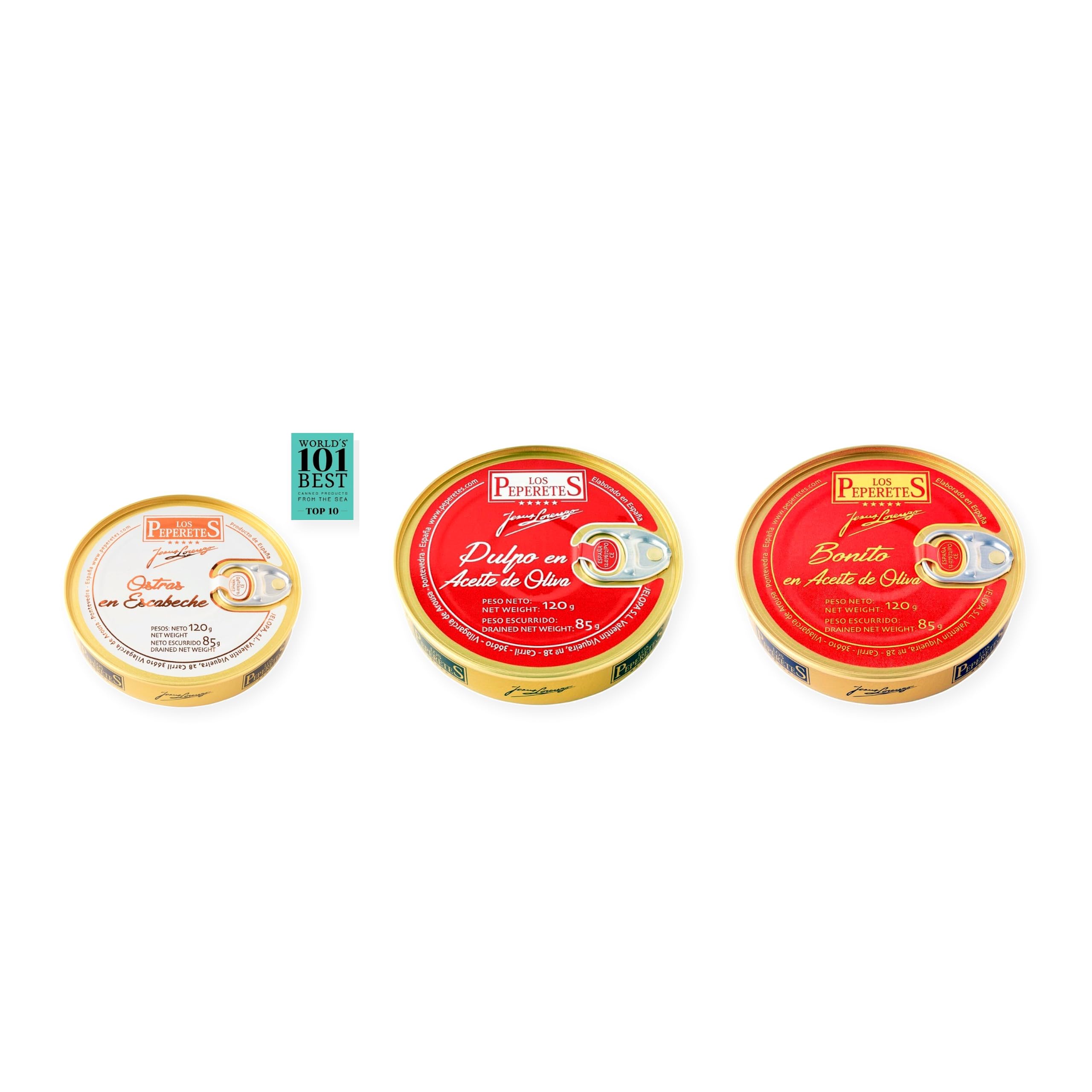 los peperetes conservas Ostras Escabeche, Pulpo Aceite Oliva y Bonito Aceite Oliva pack 3 latas