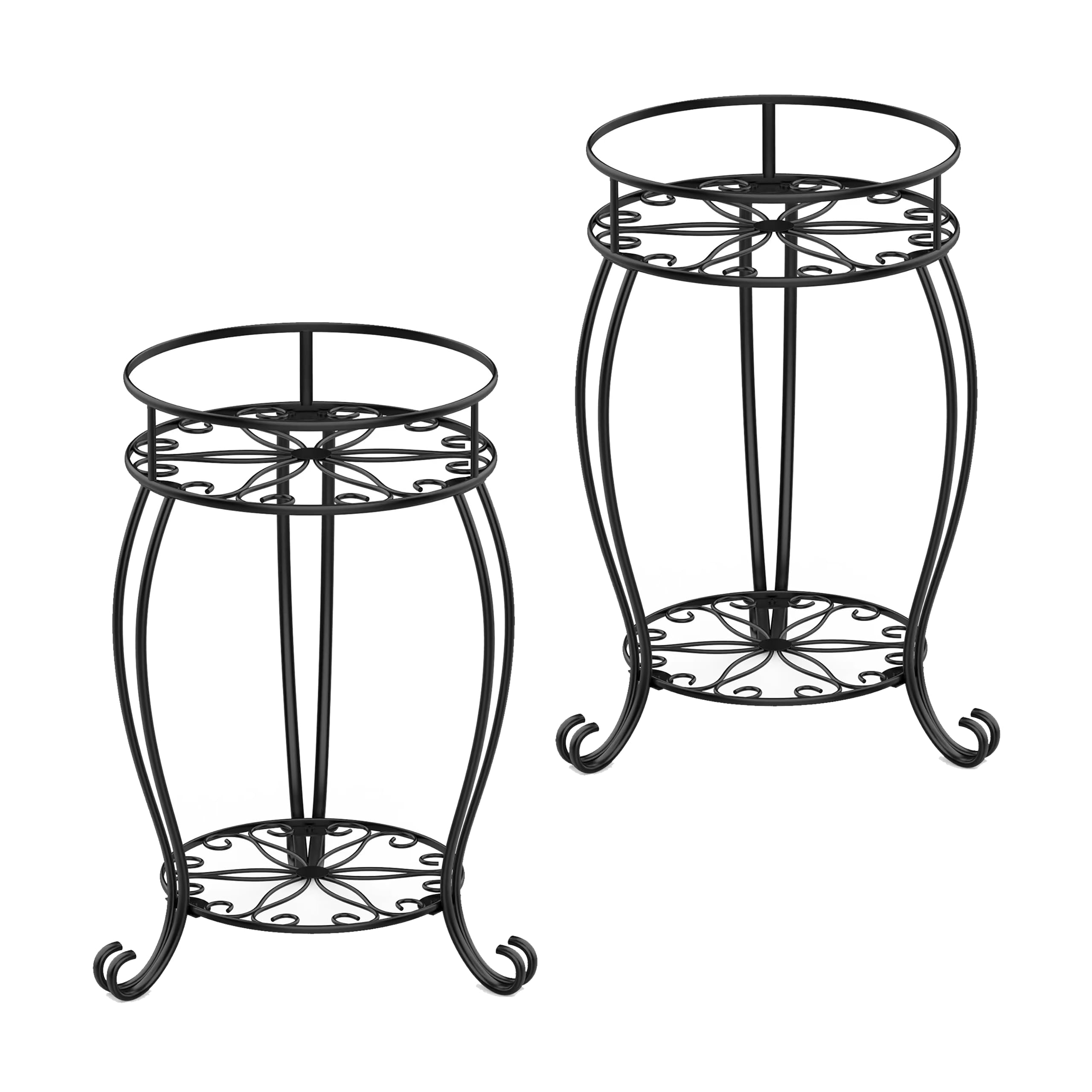 FaithLand 2 Pack Plant Stands, Heavy Duty Metal Planter Holder Indoor Outdoor, 2 Tier Round Potted Supports Rack, Corner Display Shelf Black