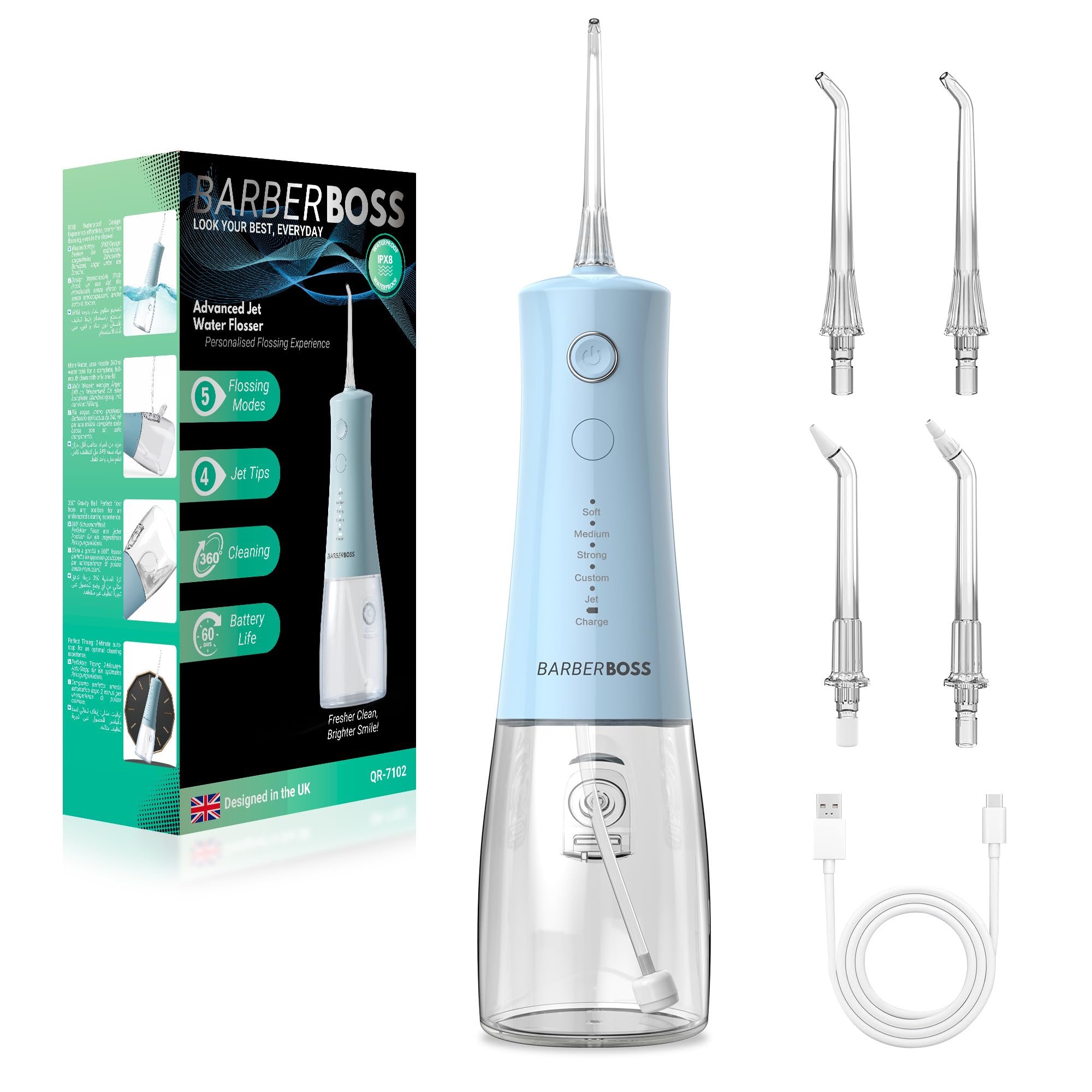 BarberBoss idropulsore dentale, irrigatore orale elettrico senza fili, 5 modalità di pressione, serbatoio da 340 ml, impermeabile IPX8, dispositivo portatile per la cura delle gengive (Blu Pastello)