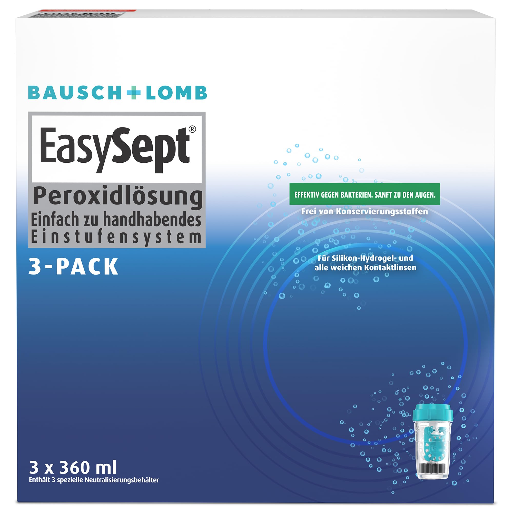 Bausch + Lomb EasySept Peroxidlösung - Kontaktlinsendesinfektions-Lösung für weiche Kontaktlinsen, Einstufen-Peroxidsystem mit Behälter, 3er Pack, 3 x 360 ml