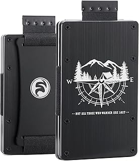 Minimalist Wallet for Men | Engraved Landscape Compass | Metal RFID Blocking Aluminum Wallet with Cash Strap | Personalized Front Pocket EDC Tactical Wallet | Slim Carbon Fiber Pull Card Holder
