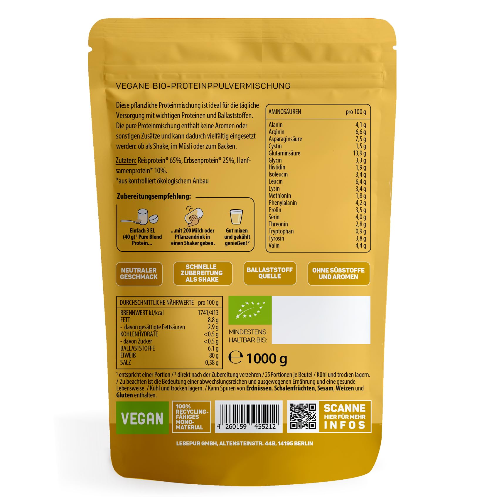 Lebepur BIO 3K Protein Pulver vegan 1kg - NEUTRAL - SOJAFREI - 80% Eiweiß aus Erbsenprotein, Reisprotein und Hanfprotein - ohne Zusatzstoffe, ohne Süßungsmittel - laborgeprüft, glutenfrei