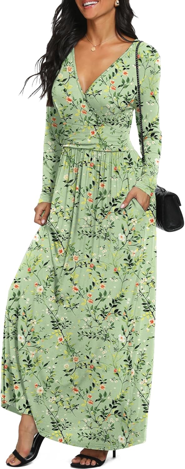 LILBETTER Women Long Sleeve Deep V Neck Loose Plain Long Maxi Casual Dress - Image 3