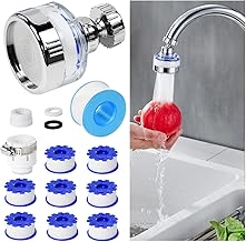 Zuxbolf Filtre Eau Robinet à 360°, Filtre Robinet Anti Calcaire Universel avec 8 Eléments Filtrants en Coton PP, 2 Adaptateur et Ruban Téflon pour Maison, Cuisine, Salle de Bain, L'Évier