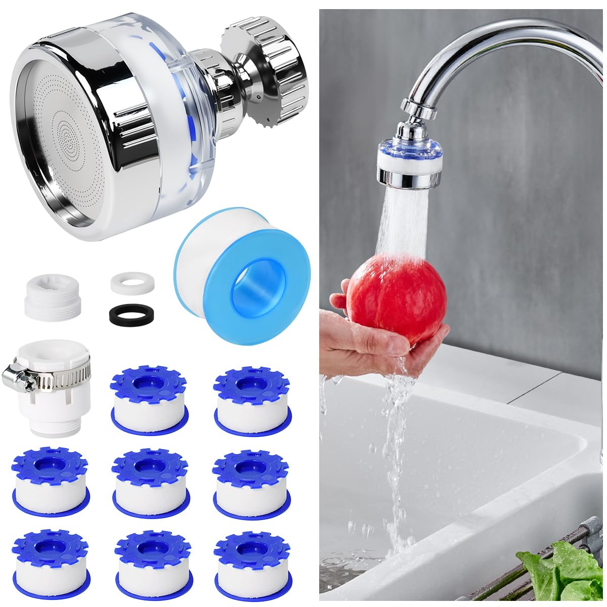 Filtre Eau Robinet Anti Calcaire Universel 360°, 8 Éléments Filtrants en Coton PP Maison Cuisine Salle de Bain Évier Tef