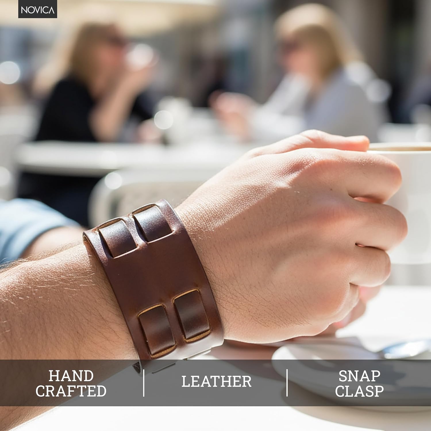 NOVICA Artisan Handmade Mens Leather Wristband Bracelet for Crafted by Brass Brown Thailand [7.75 in min L x 9.5 in max L x 1.6 in W] Rugd Weave in Brown