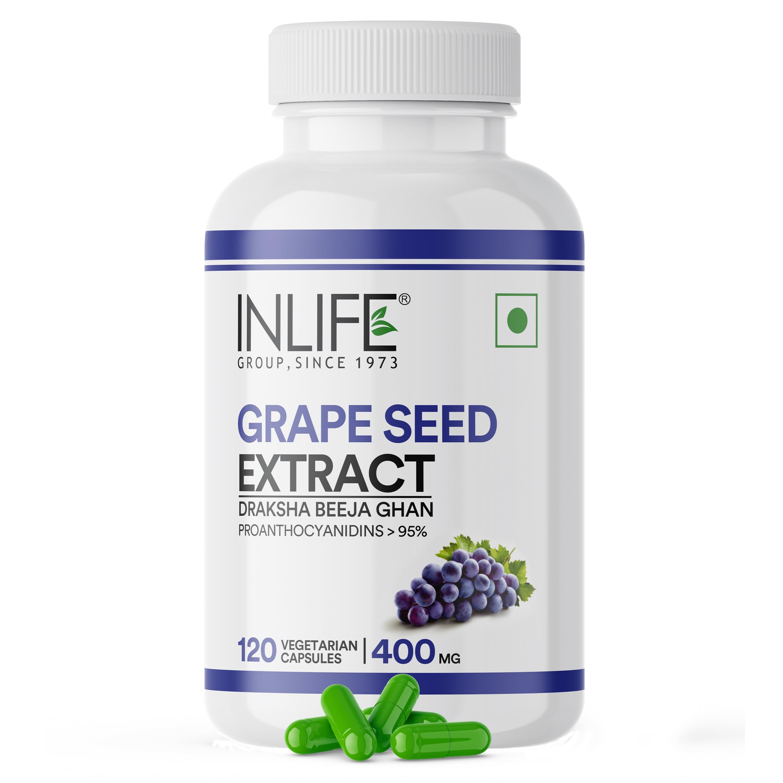 INLIFE Grape Seed Extract 400mg, Vitis Vinifera, >95% Proanthocyanidins OPC, Antioxidant Heart Skin & Immunity Health, Men Women, 120 Veg Capsules (Pack of 1, 120, count)
