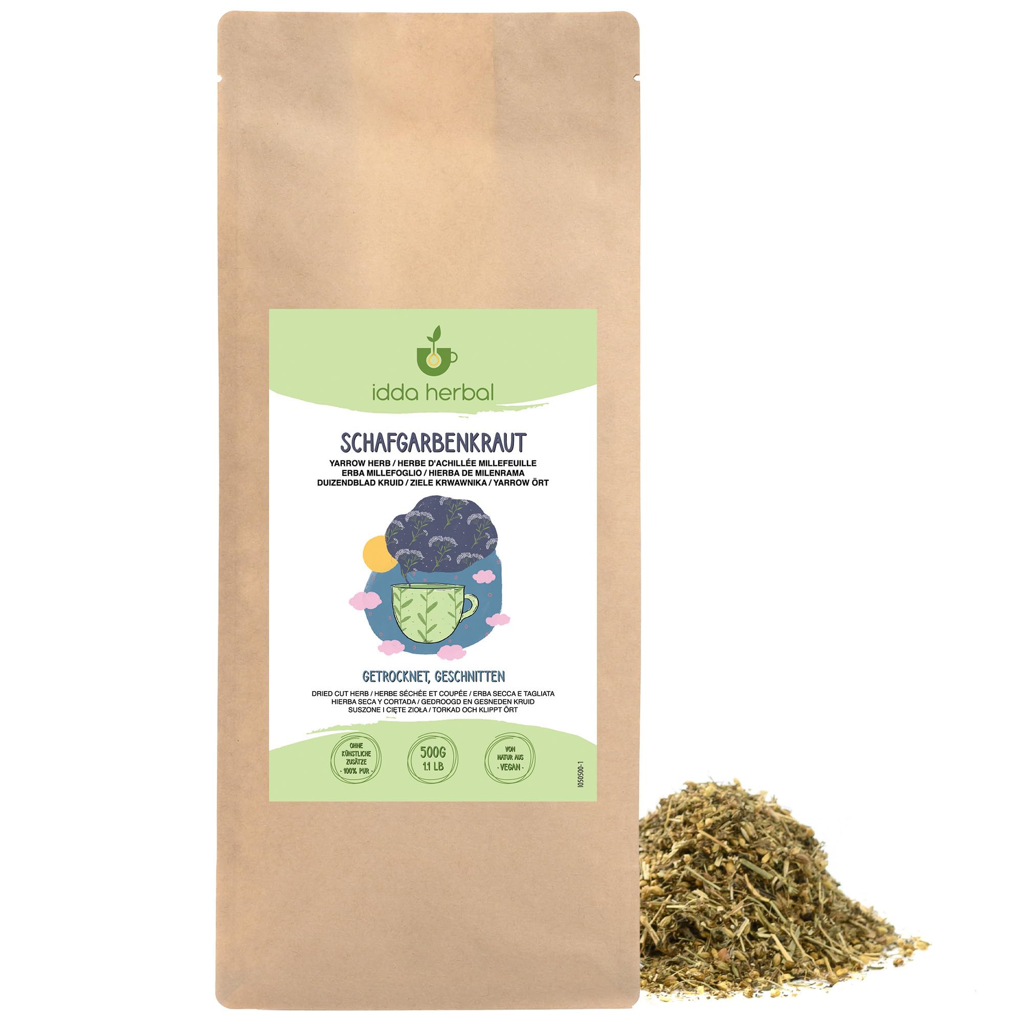IDDA Herbal Schafgarbe Tee 500g, Schafgarbenkraut getrocknet und geschnitten, Schafgarbentee