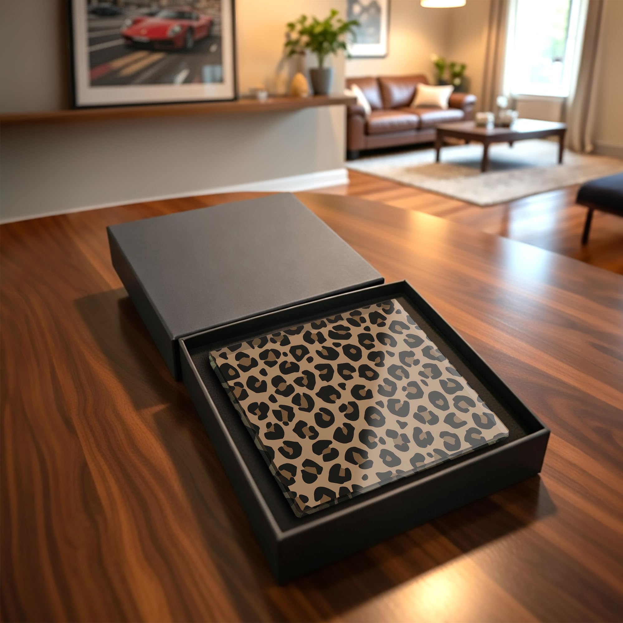Leopard Print Tempered Glass Coaster – Wild Animal Square Drinkware Home Décor (Gift Box Packaging)