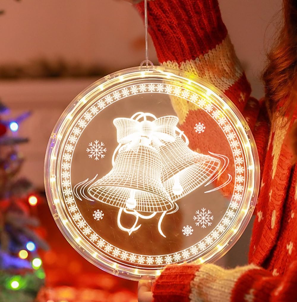 Aoreun Luz Colgantes Navidad, 24 cm Luces 3D Colgantes de Navidad Luces de Ventana Decorativa de Navidad Luces de Navidad Colgantes para Ventana Camino Blanco Cálido (Campanas)