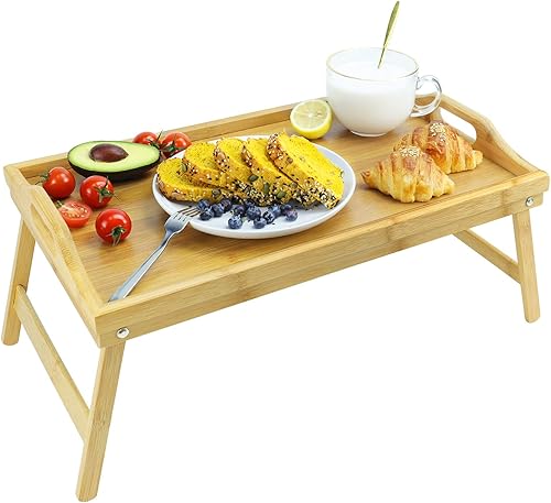 augtarlion Bandejas de desayuno de bambú, bandeja de cama con patas plegables, bandeja de desayuno plegable con asas de carrito, bandeja portátil