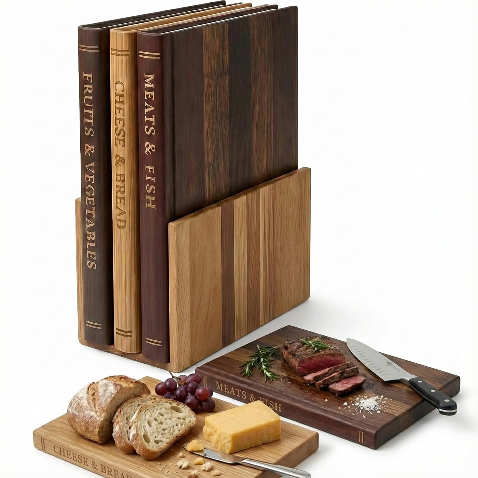Tagliere Libro Cucina, Set Taglieri 3 Pezzi in Legno con Supporto, Tagliere da Portata per Aperitivo, Formaggi Salumi e Pane, Design Biblioteca, 3 Colori Diversi nel Set