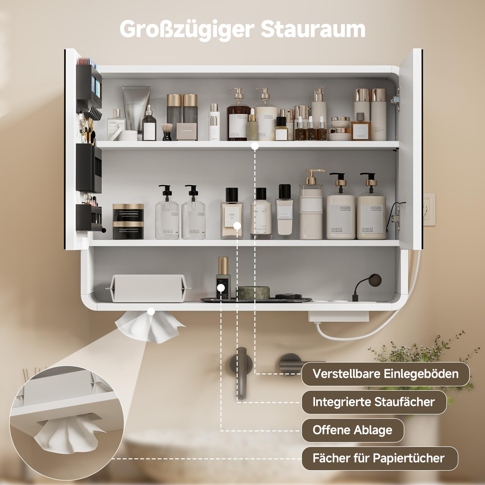 Gyfimoie Spiegelschrank Bad mit Beleuchtung LED, Badezimmer Spiegelschrank mit Steckdose, Badezimmerschrank Verstellbare Regale, Hängeschrank, Einlass für die Tissuebox, 80x60x16cm,