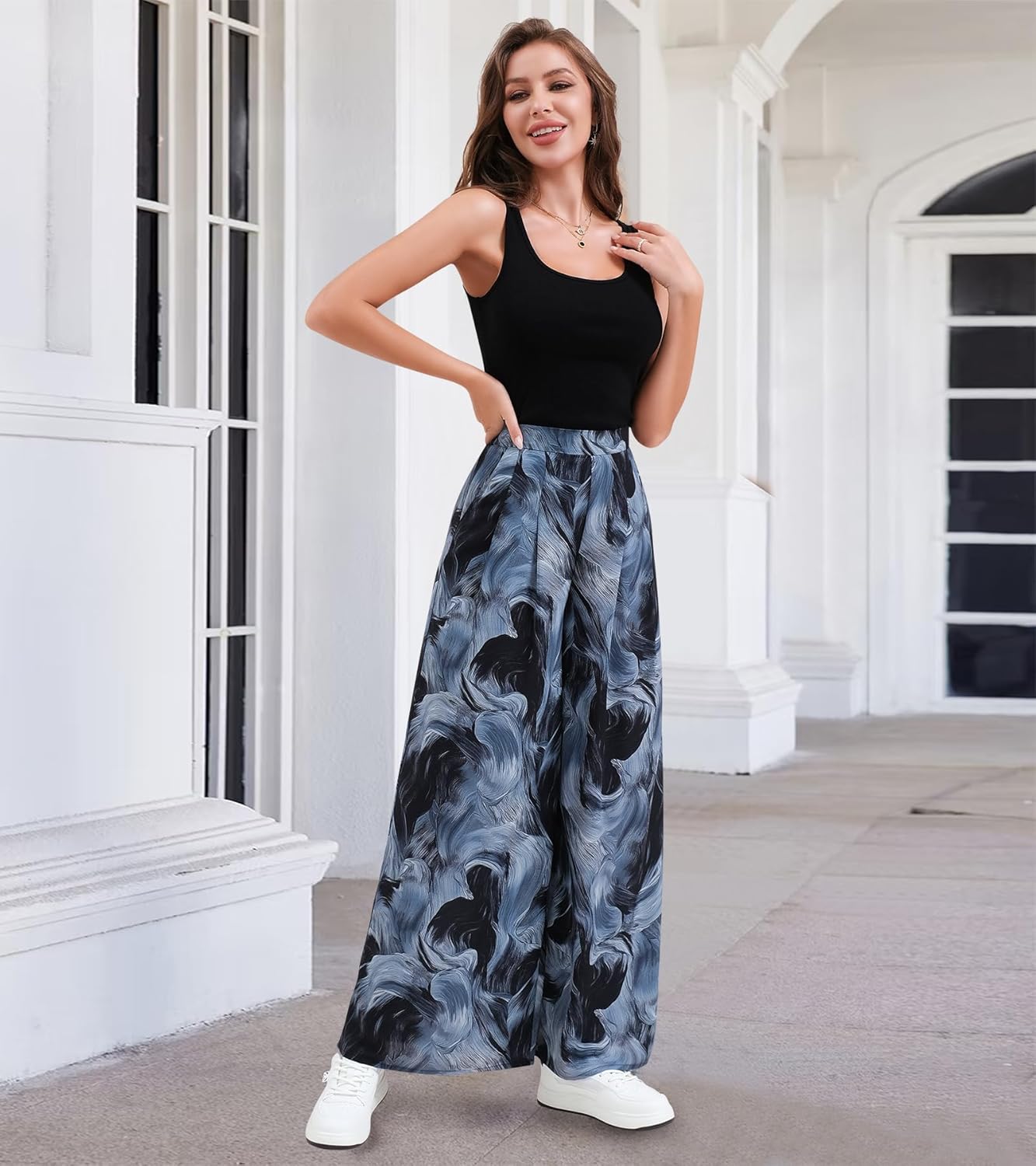 Palazzo Pants for Women, Wide Leg High Waist Flowy Dressy Casual Boho Trousers with Pockets, Blue and Black, X-Large - Image 5