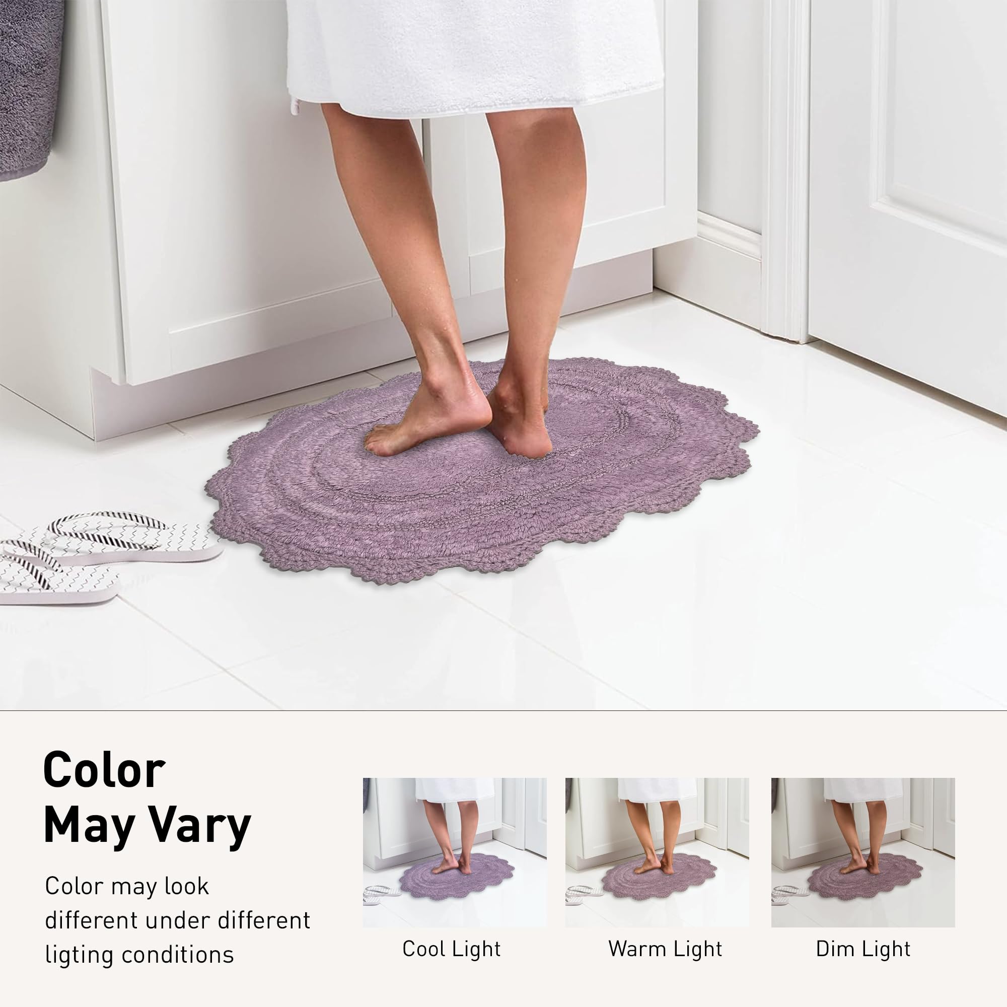 Chardin home Alfombra de baño redonda de ganchillo de lavanda, 100% algodón con borde de ganchillo hecho a mano artesanalmente, 24 pulgadas de diámetro, perfecta para medio baño, tocador, baños