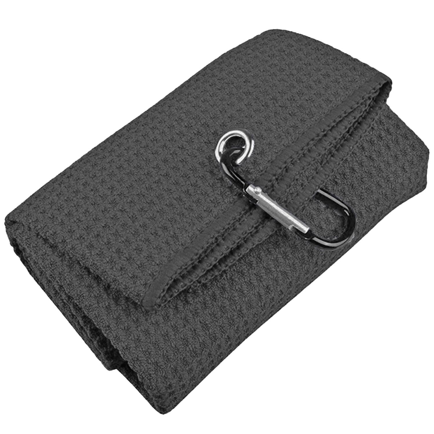 Microfiber Golf Towel 16 X 16 with Carabiner Clip Hook and Loop Fastener-Black