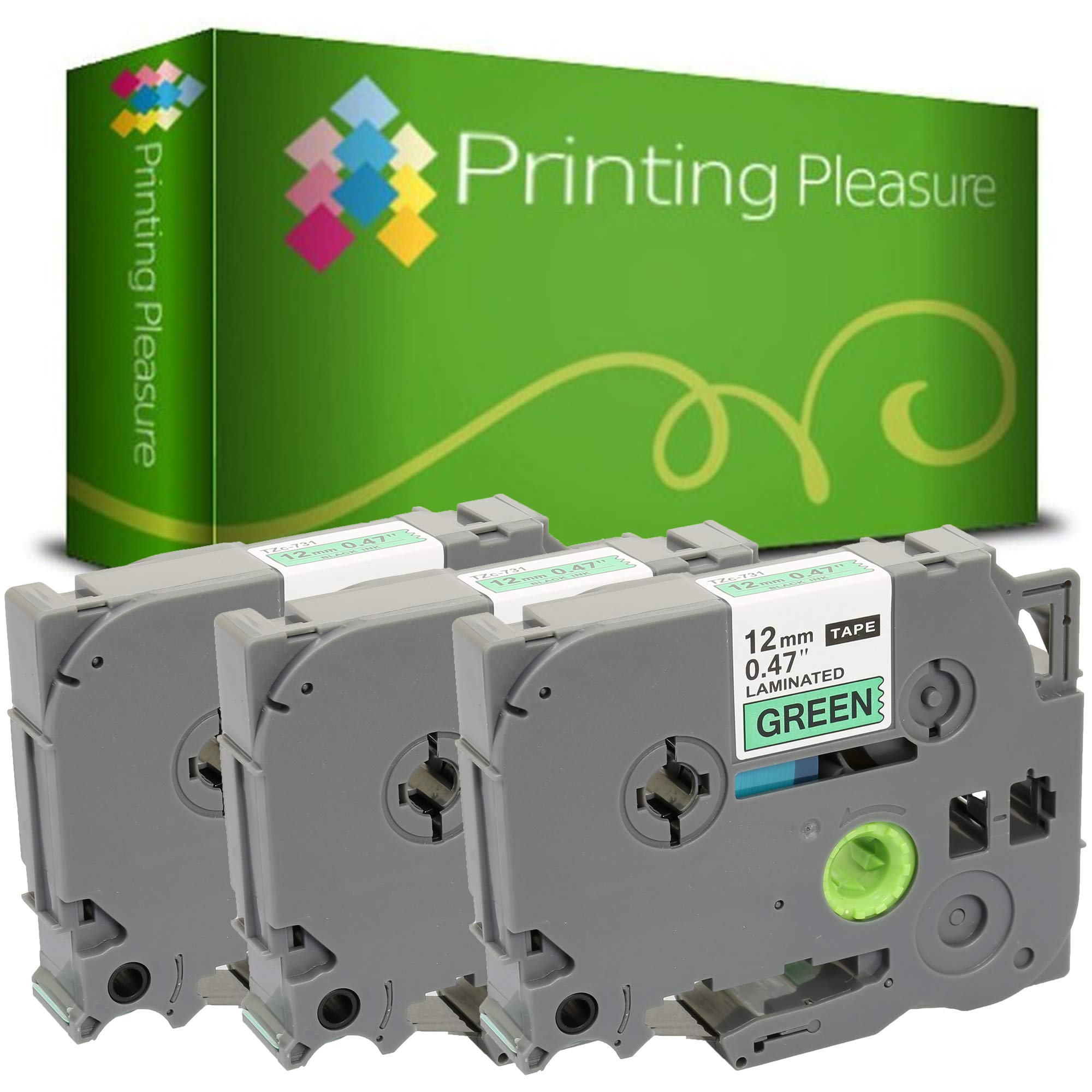 Printing Pleasure 3 x TZe-731 TZ-731 Black on Green Label Tapes Compatible with P-Touch Label Printing Machines | 12mm x 8m