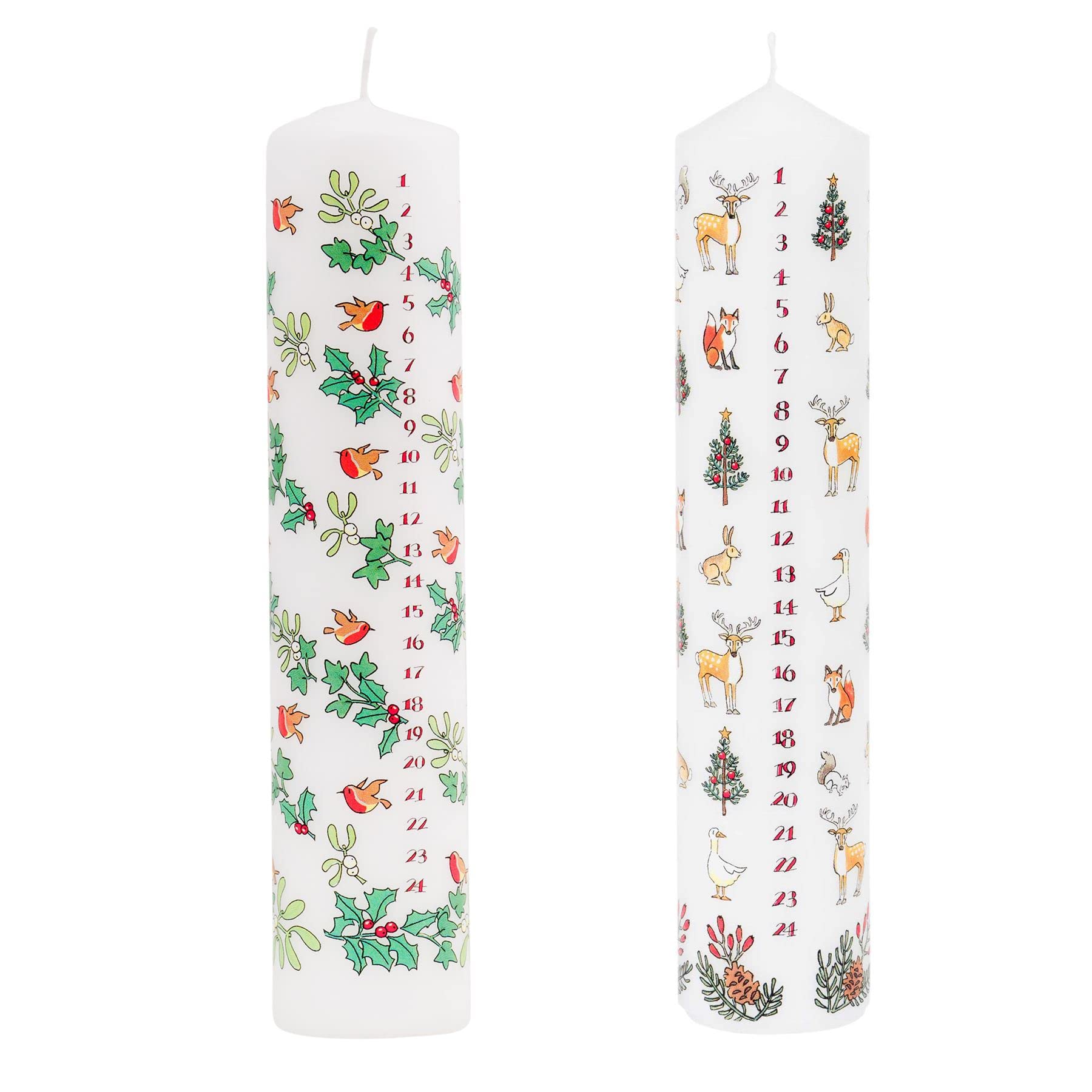 Set of 2 Traditional Countdown to Christmas Advent Candle | Christmas Winter Wildlife and Holly & Ivy Pillar Advent Candles with Numbers | Advent Christmas Candle Festive Candles