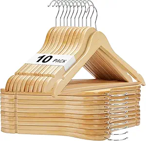 HOUSE DAY Wooden Hangers 10 Pack, Solid Wood Hanger with Non Slip Pant Bar, Heavy Duty Wooden Coat Hanger for Closet, Smooth Finish Wood Clothes Hangers for Shirts, Suits, Jackets, Dress, Natural