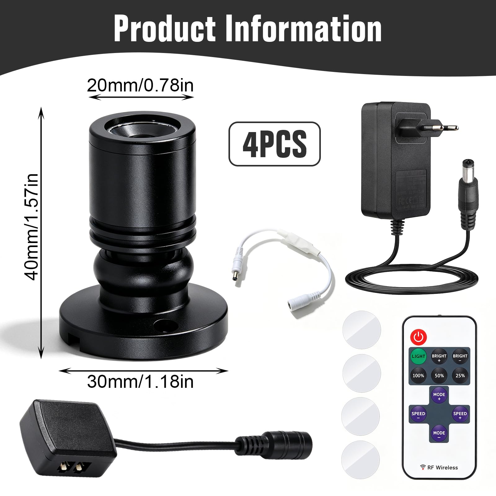 Juego de 4 mini focos LED con mando a distancia, 1,5 W, 3000 K, giro de 180°, para interiores, control Bluetooth, regulable, pequeño juego de luz para joyas, pasillos, armarios de vitrina