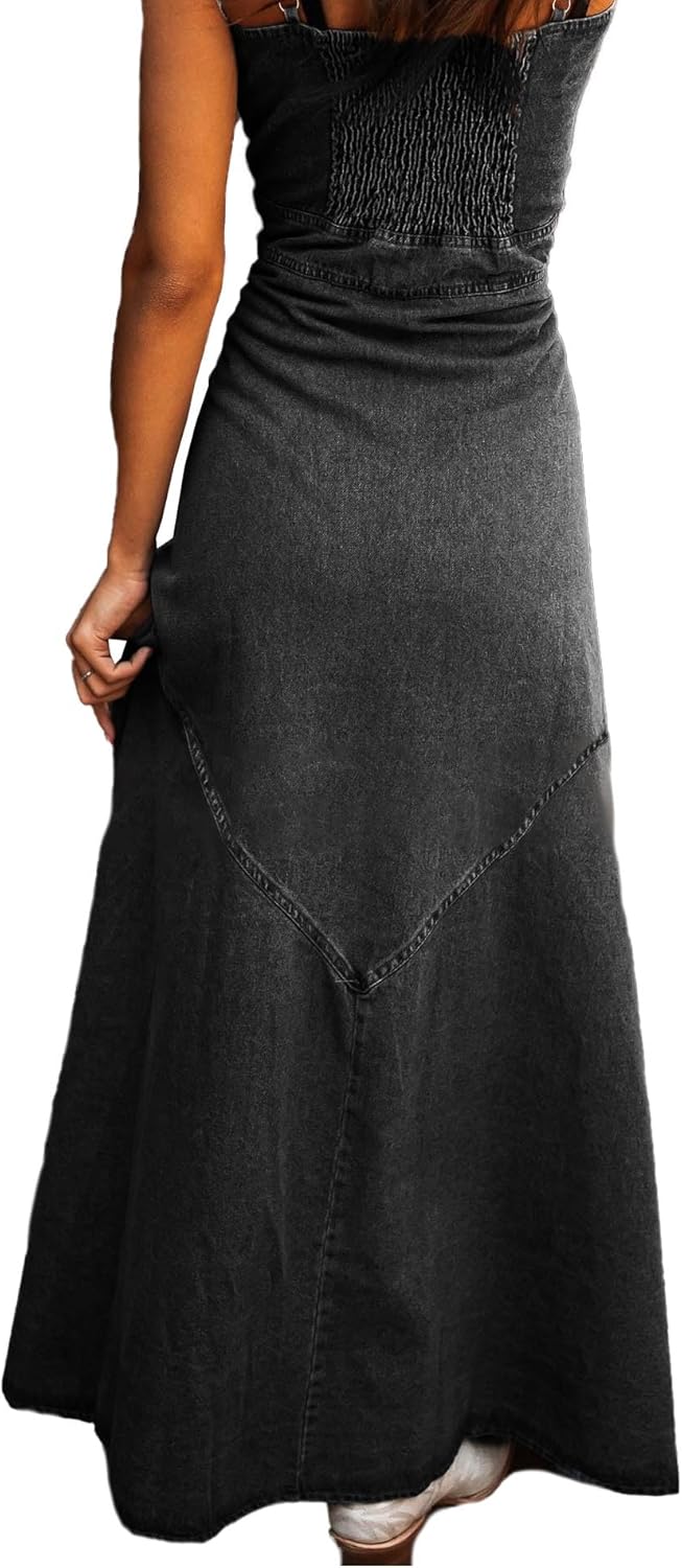 Sexyshine Women's Button Down Smocked Denim Dress Spaghetti Strap Sleeveless A-Line Flared Flowy Maxi Jean Dress - Image 2