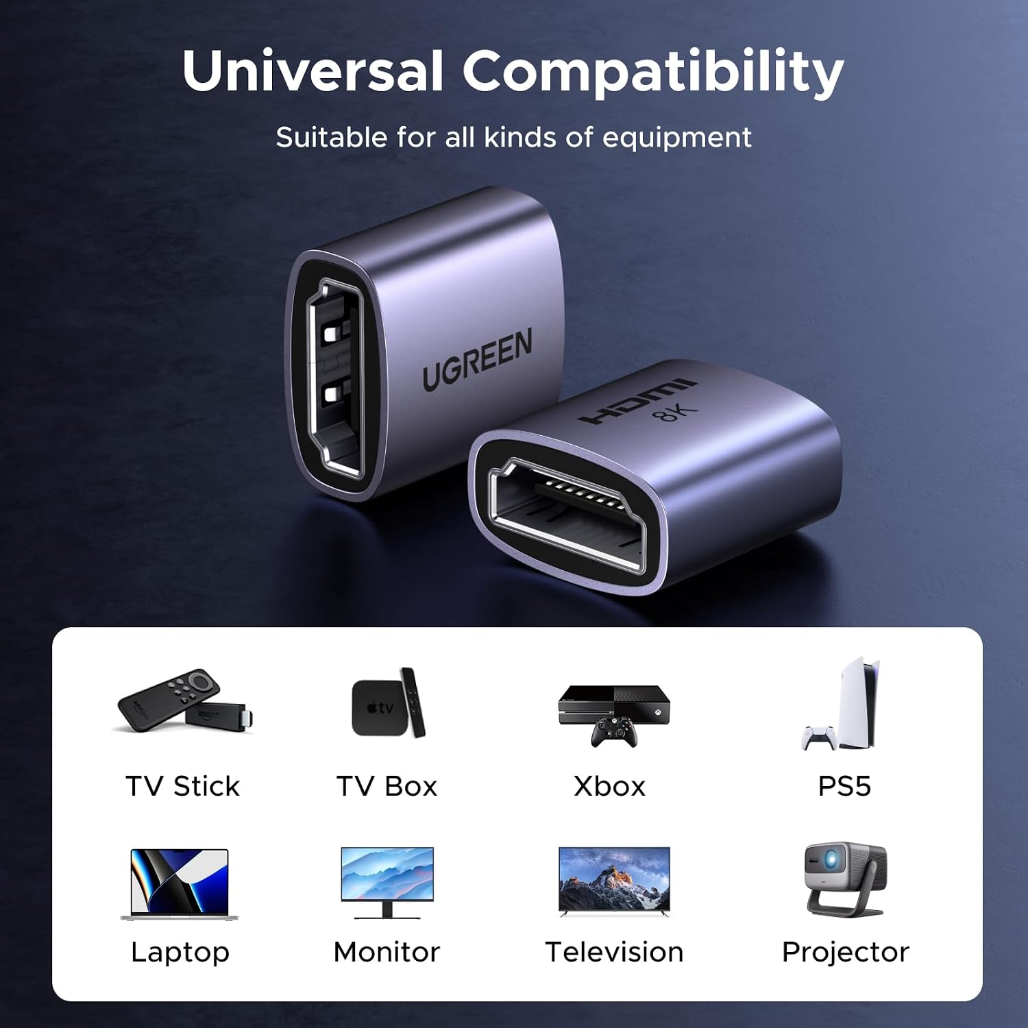 UGREEN HDMI Coupler 2 Pack, 8K@60Hz 4K@240Hz HDMI 2.1 Female to Female | 3D Compatible, HDTV Roku Stick Chromecast Compatible, Laptop PC Switch 2 Compatible, Extender Adapter Connector