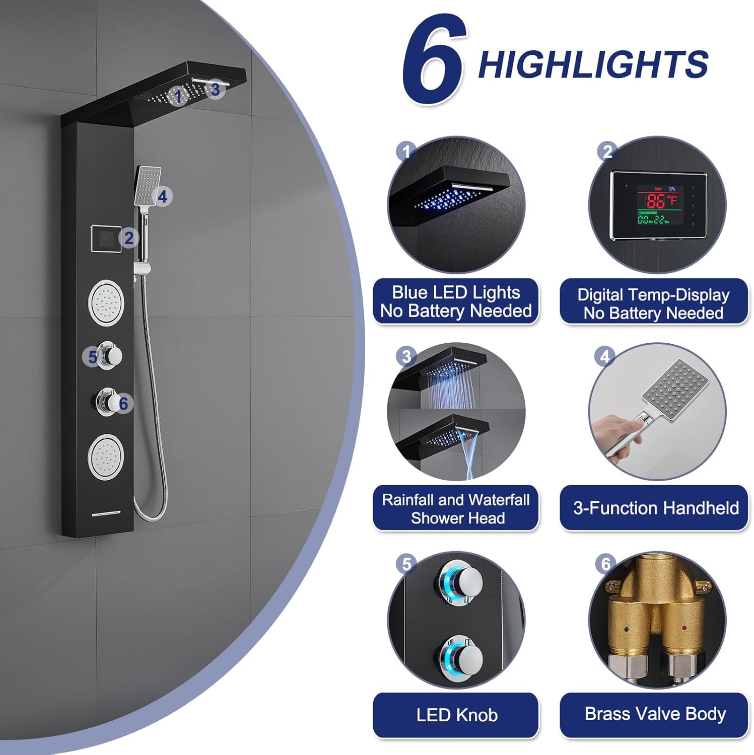 ROVATE LED Shower Panel Tower System - Rainfall Waterfall Shower, Round Body Jets, Handheld and Tub Spout, Digital Temp-Display, LED Knob, No Battery Needed 5-in-1 Stainless Steel Shower Column Black